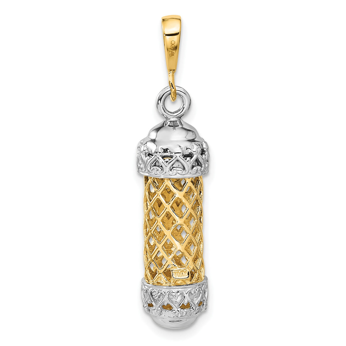 14k Two-Tone Gold Mezuzah Pendant with Lattice Design and Hebrew Shin Symbol