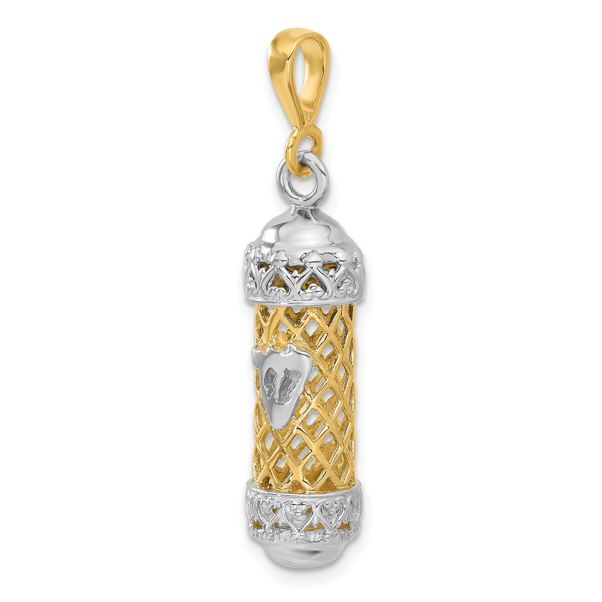 14k Two-Tone Gold Mezuzah Pendant with Lattice Design and Hebrew Shin Symbol