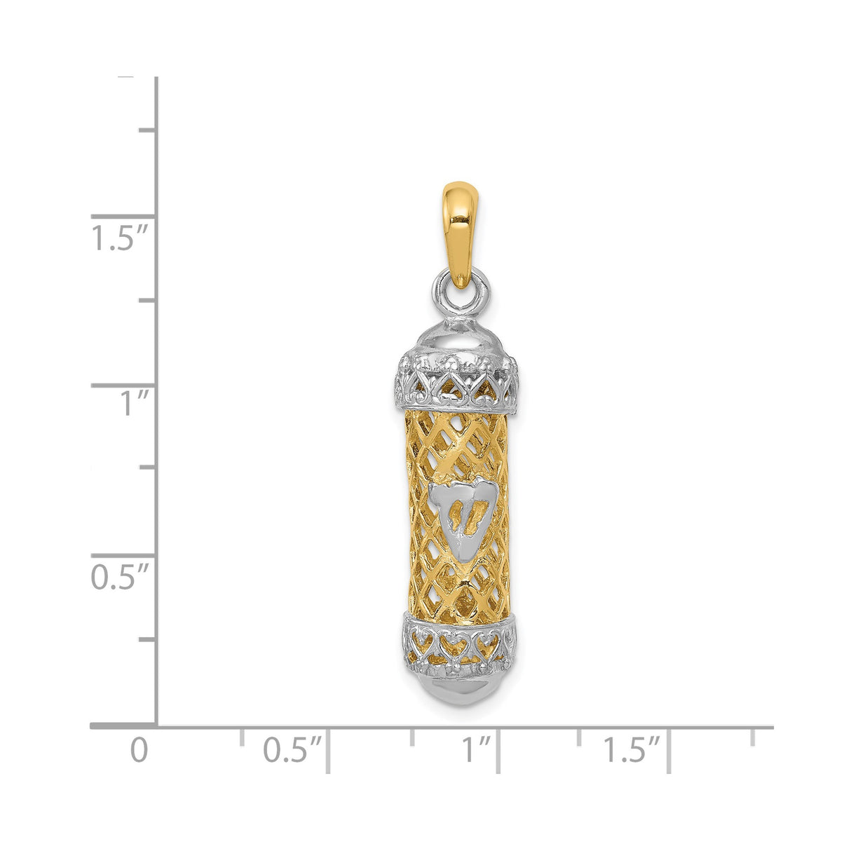 14k Two-Tone Gold Mezuzah Pendant with Lattice Design and Hebrew Shin Symbol