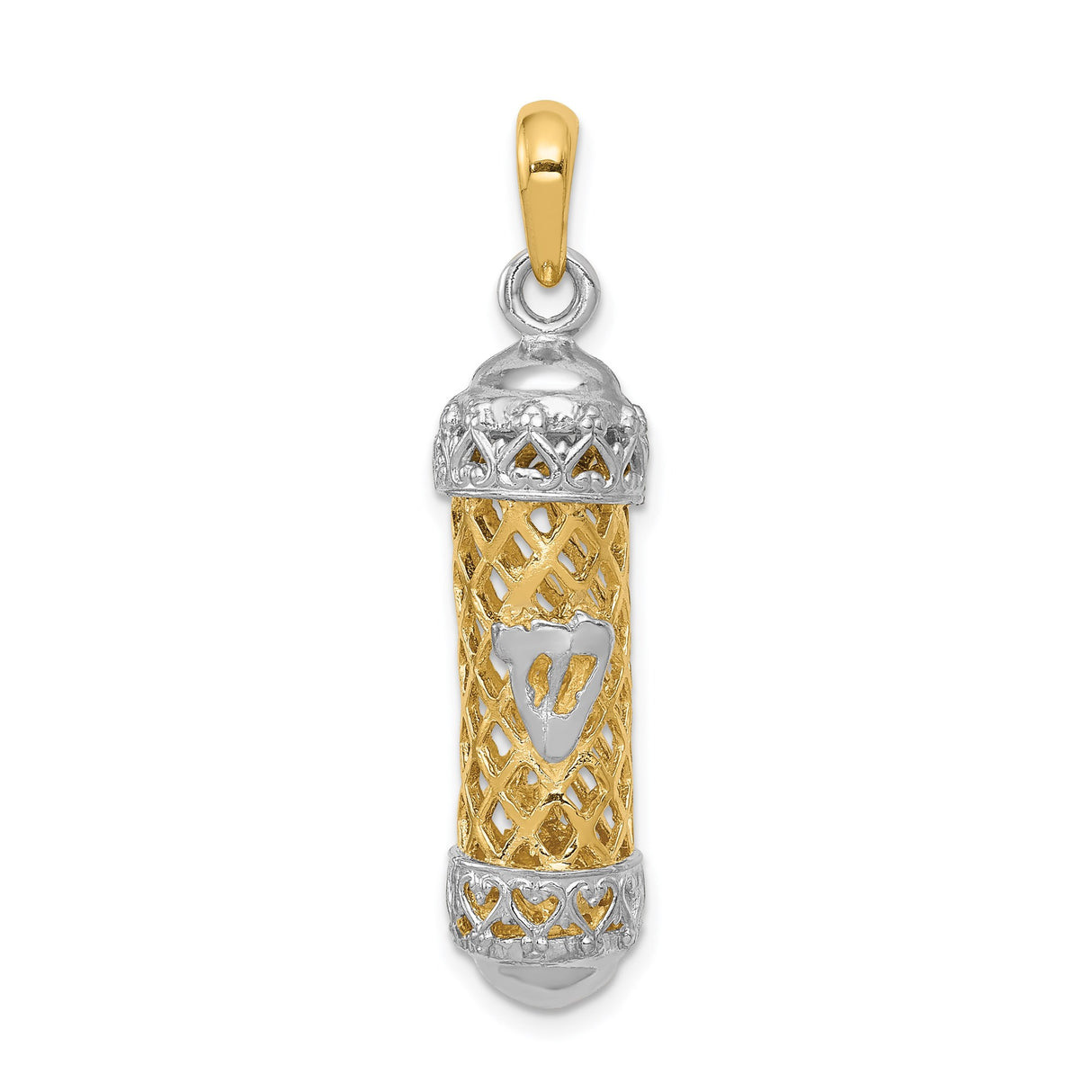 14k Two-Tone Gold Mezuzah Pendant with Lattice Design and Hebrew Shin Symbol