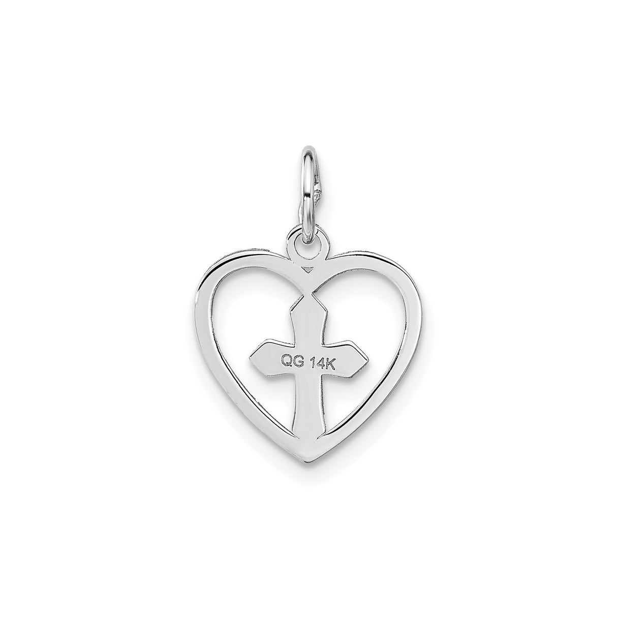 14k White Gold Cross Pendant with Open Heart Design, Polished Religious Charm