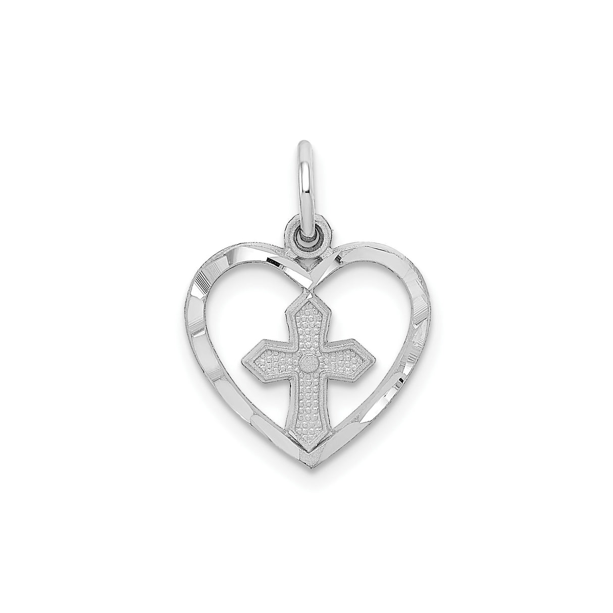 14k White Gold Cross Pendant with Open Heart Design, Polished Religious Charm