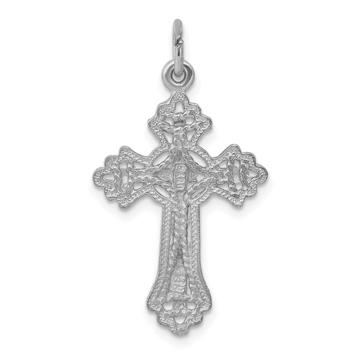 14k White Gold Fleur De Lis Cross Pendant, Ornate Beveled Religious Charm