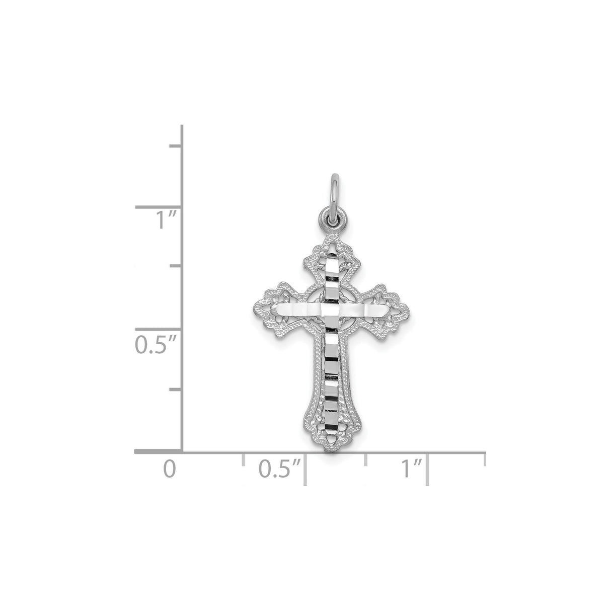 14k White Gold Fleur De Lis Cross Pendant, Ornate Beveled Religious Charm