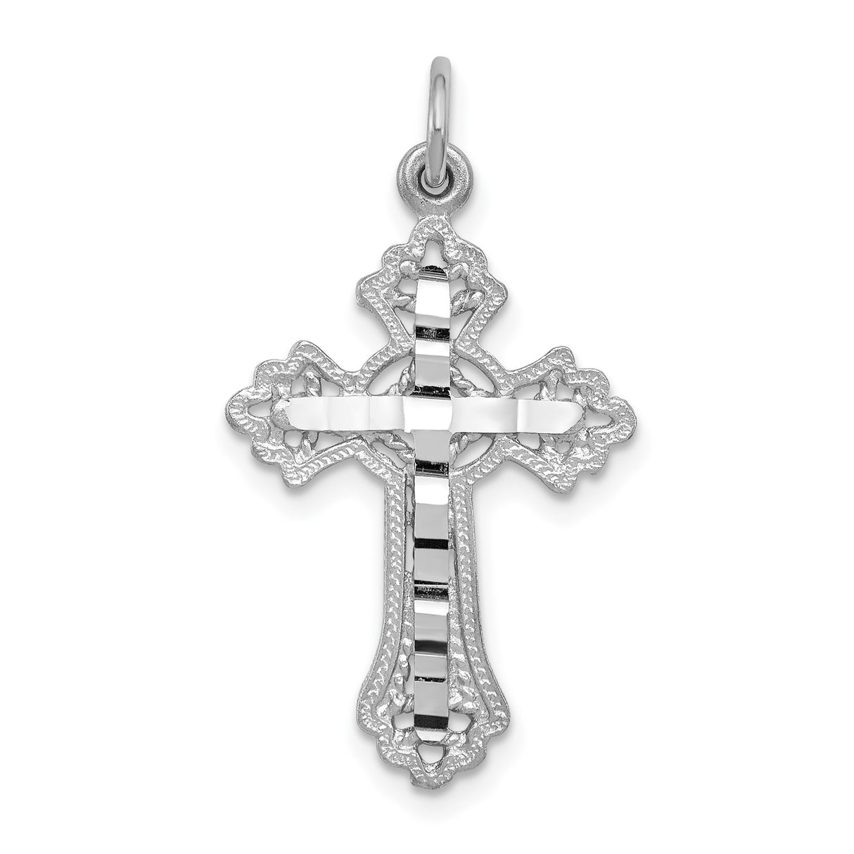14k White Gold Fleur De Lis Cross Pendant, Ornate Beveled Religious Charm