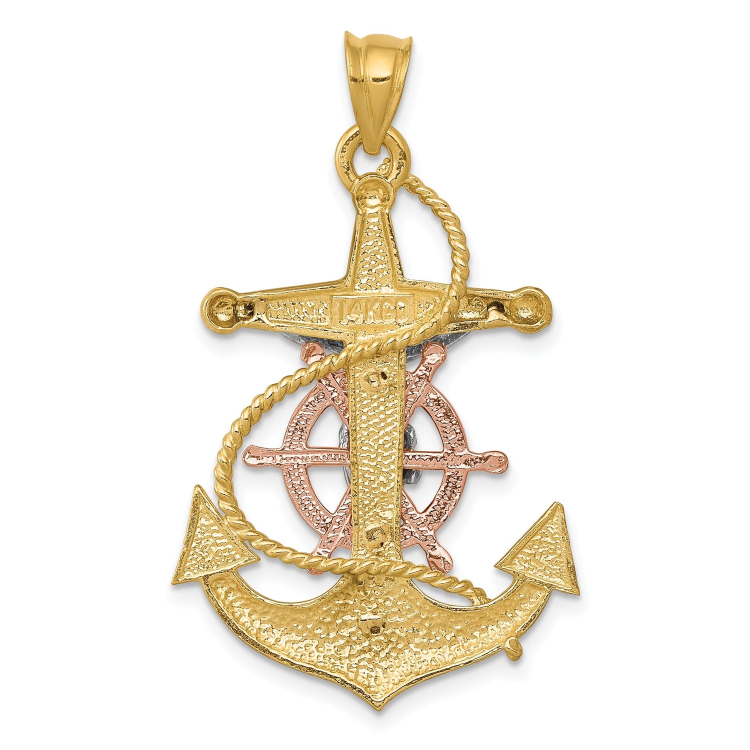 14k Tri Color Gold Crucifix Pendant with Anchor and Ship Wheel Design