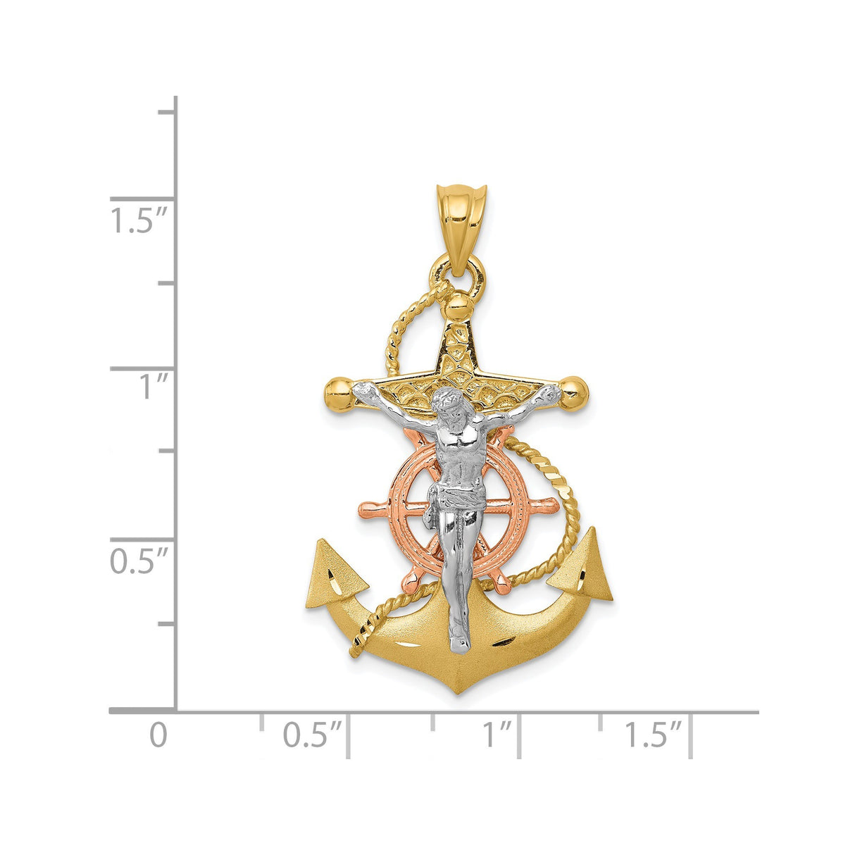 14k Tri Color Gold Crucifix Pendant with Anchor and Ship Wheel Design