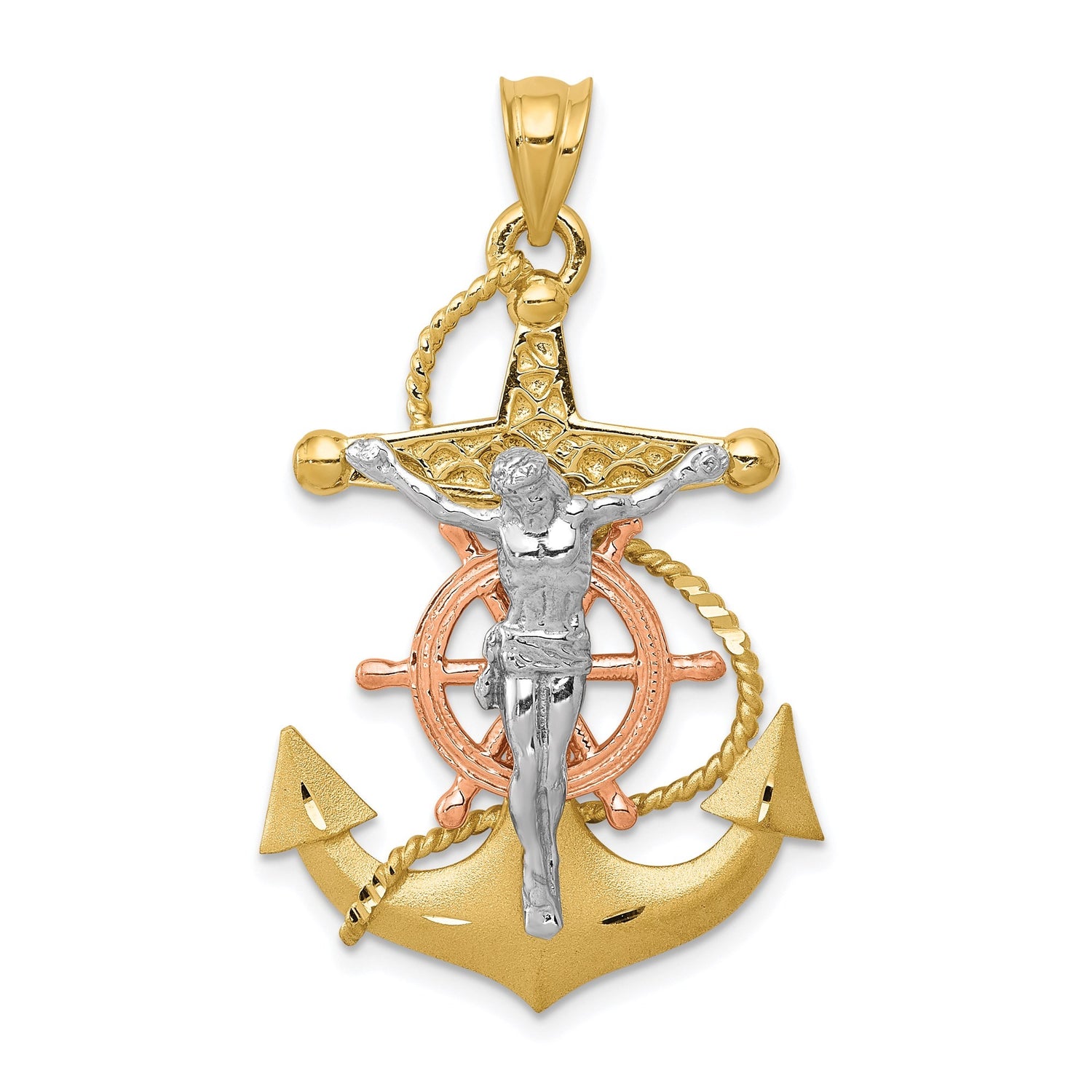 14k Tri Color Gold Crucifix Pendant with Anchor and Ship Wheel Design