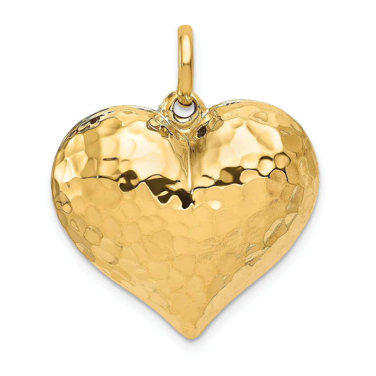 14k Yellow Gold Heart Pendant, Hammered Textured Puffed Charm for Women