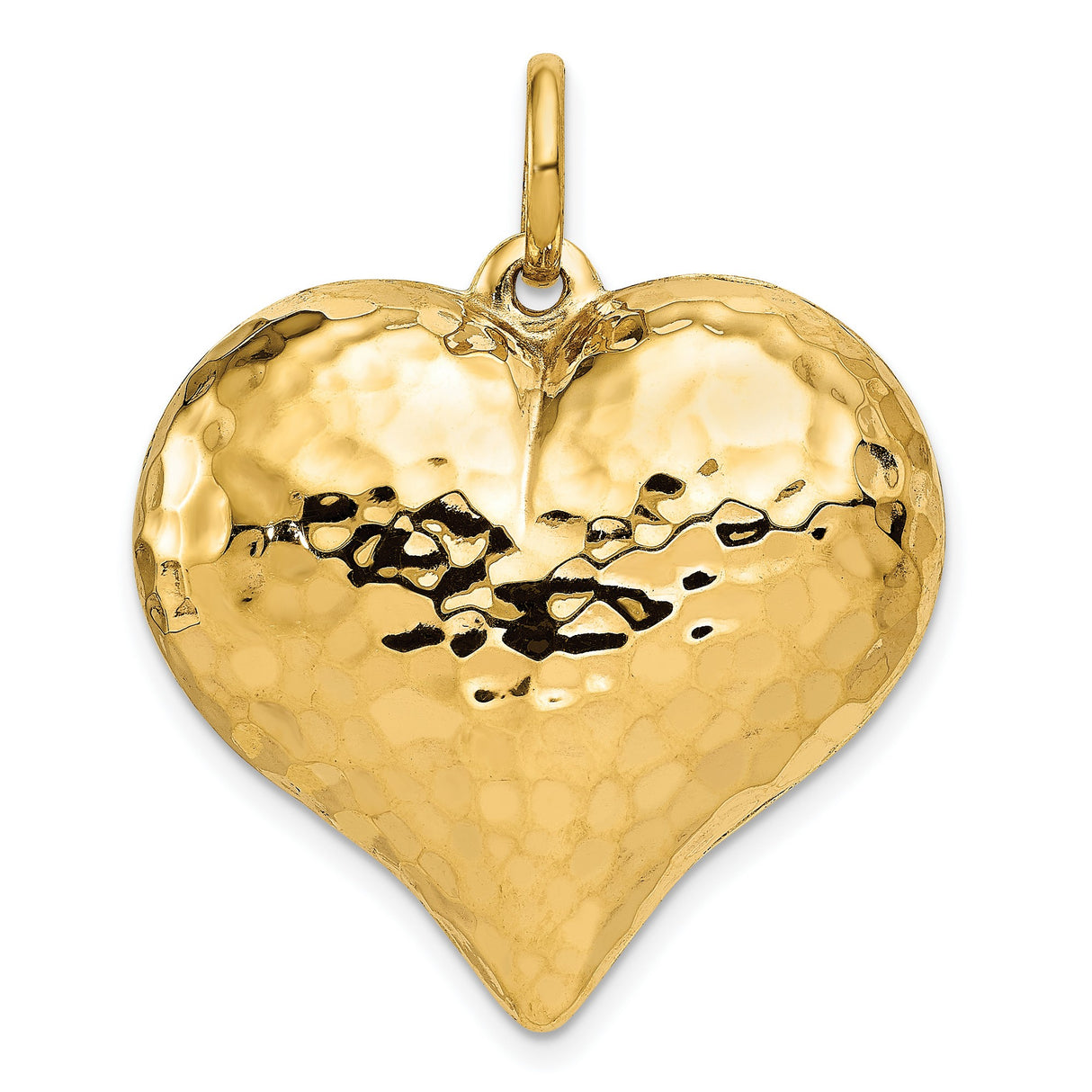 Hollow Polished Hammered Large Puffed Heart Charm Pendant in Real 14k Yellow Gold