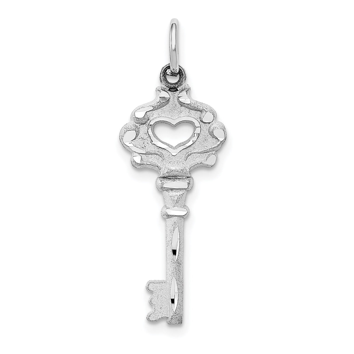 14k White Gold Key Pendant with Open Heart Design, Romantic Charm for Women