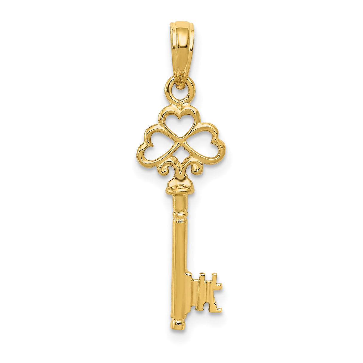 14k Yellow Gold Key Pendant with Openwork Heart Design, Romantic Charm for Women