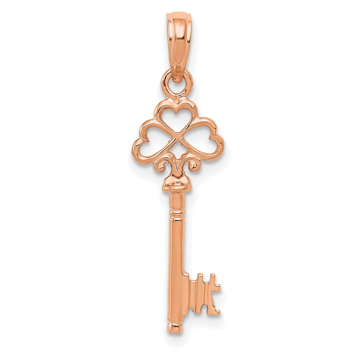 Polished 3-D Hearts Key Charm Pendant in Real 14k Rose Gold