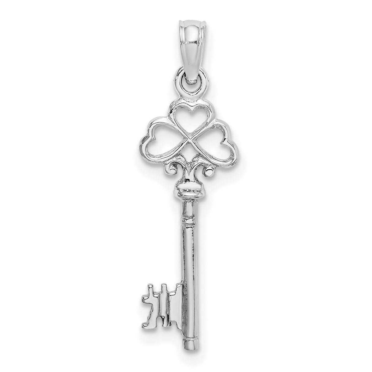 14k White Gold Key Pendant with Heart Clover Design, Celtic Inspired Irish Charm Jewelry