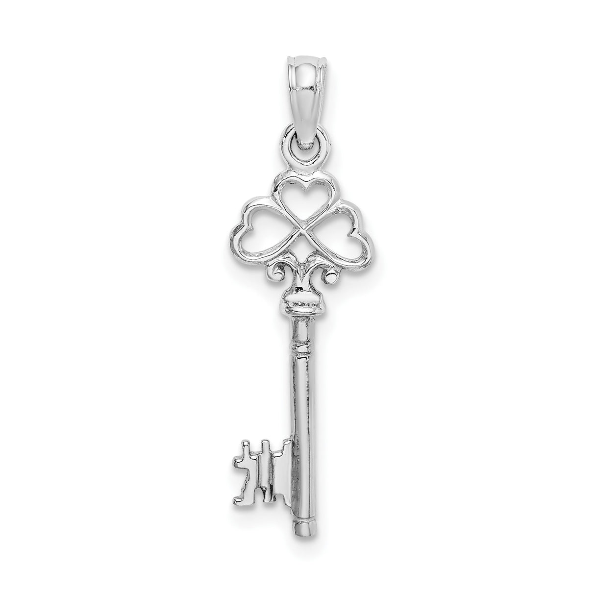 14k White Gold Key Pendant with Heart Shaped Clover, Celtic Inspired Lucky Charm
