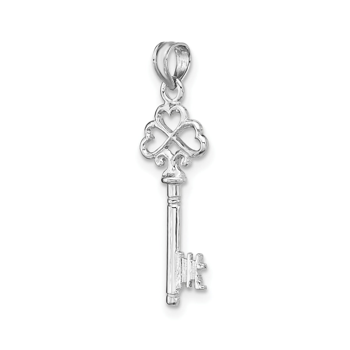 14k White Gold Key Pendant with Heart Shaped Clover, Celtic Inspired Lucky Charm