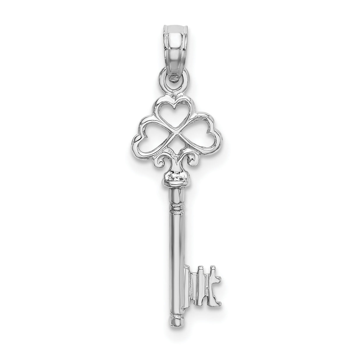 14k White Gold Key Pendant with Heart Clover Design, Celtic Inspired Irish Charm Jewelry