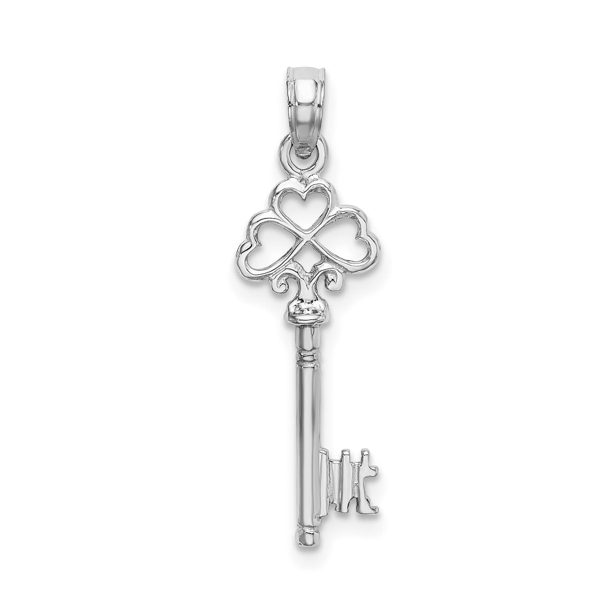 14k White Gold Key Pendant with Heart Shaped Clover, Celtic Inspired Lucky Charm