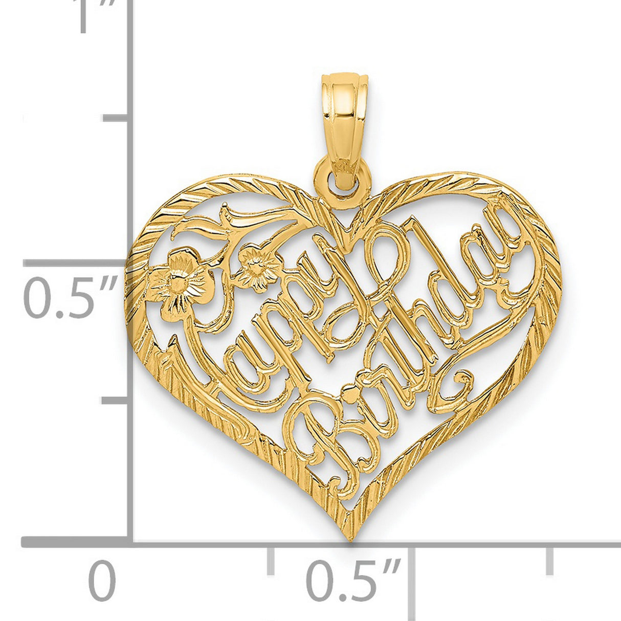 14k Yellow Gold Heart Pendant with Happy Birthday Script and Floral Accents