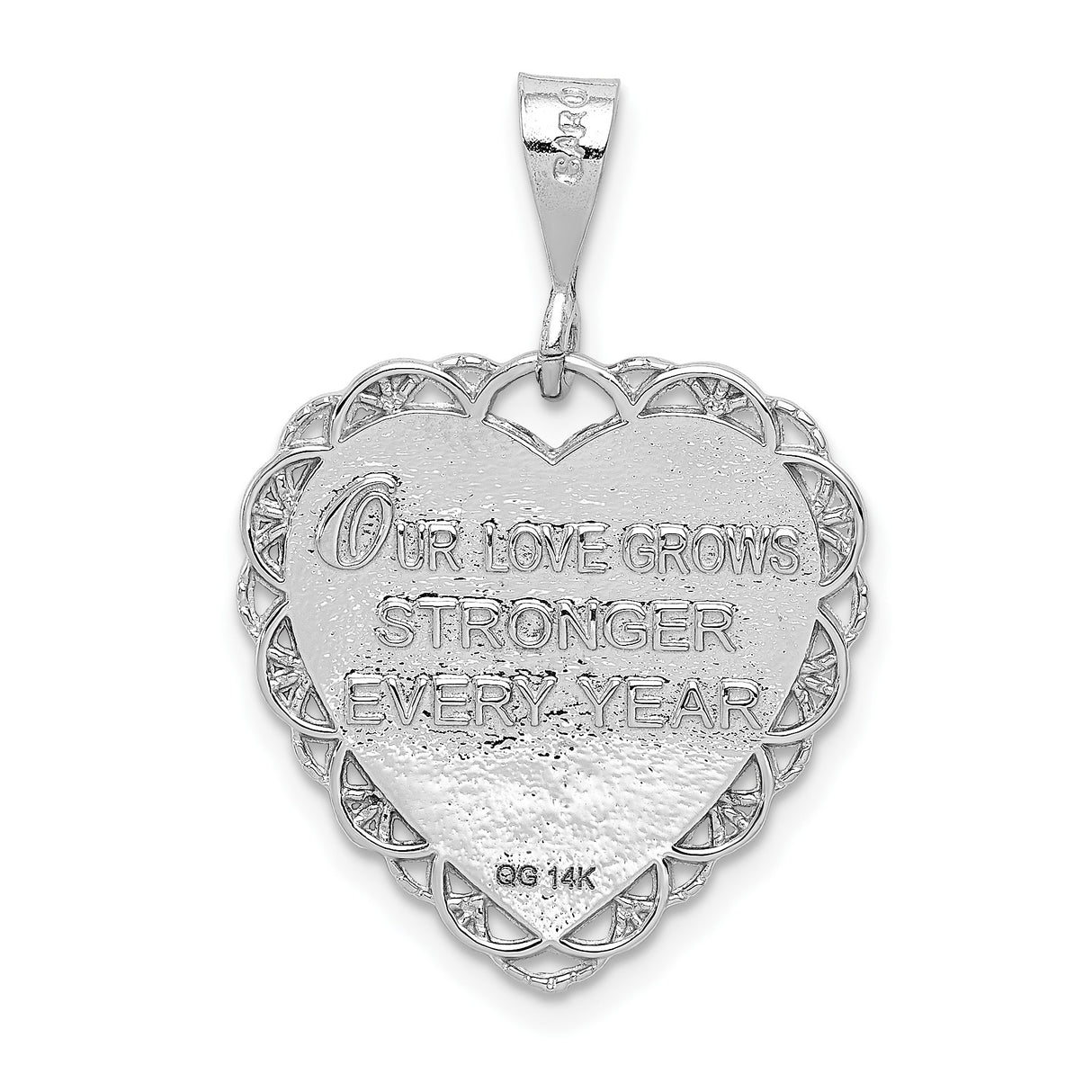 14k White Gold Heart Pendant with 50th Anniversary Engraving and Floral Motif