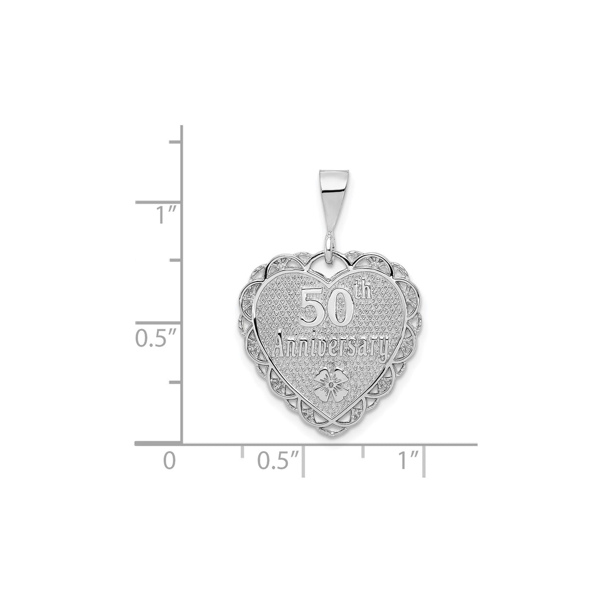 14k White Gold Heart Pendant with 50th Anniversary Engraving and Floral Motif