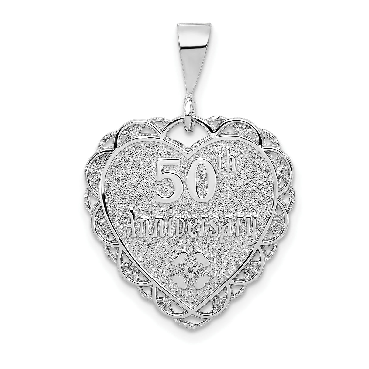 14k White Gold Heart Pendant with 50th Anniversary Engraving and Floral Motif