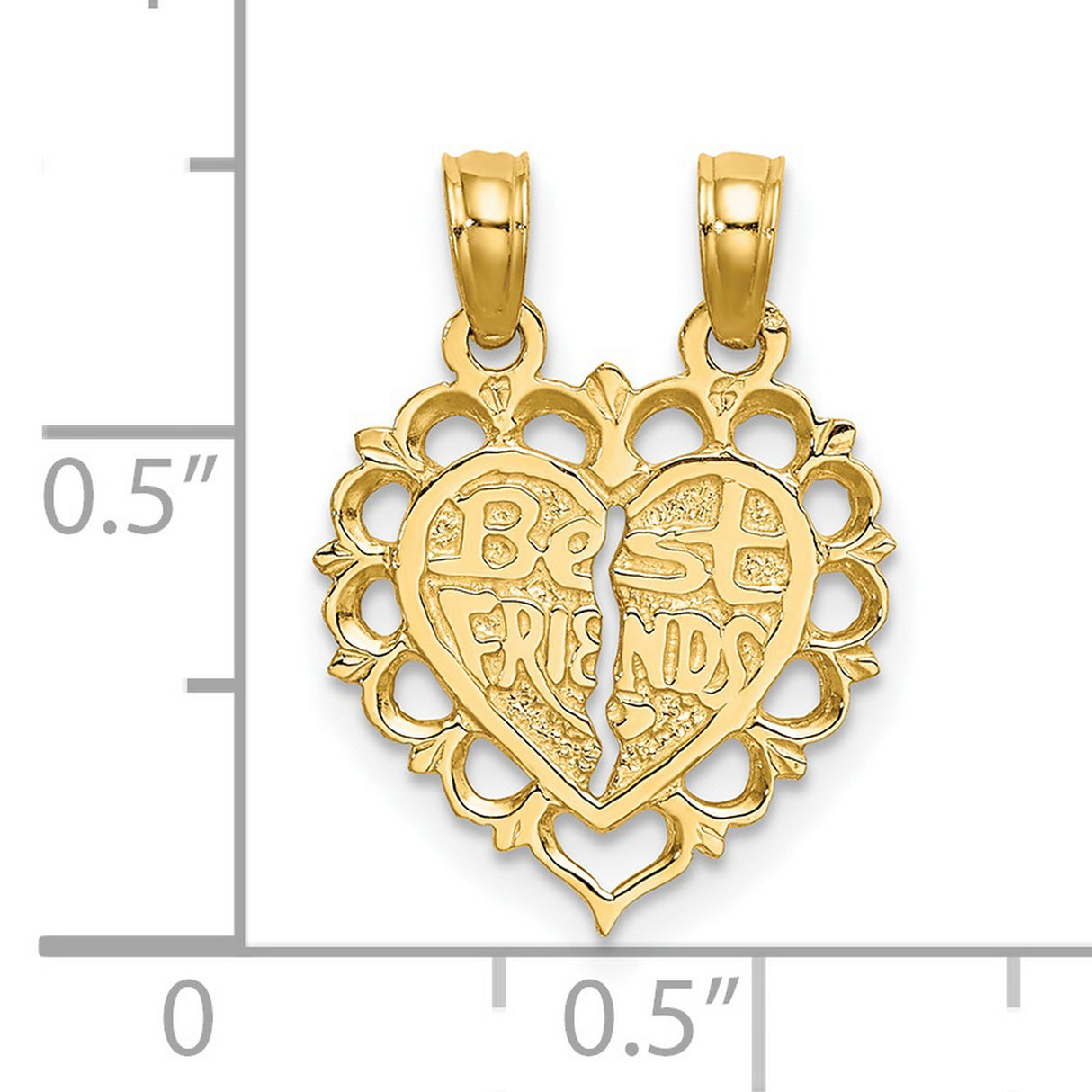 14k Yellow Gold Split Heart Pendant Set, Lace Edge Friendship Charm Duo for Women