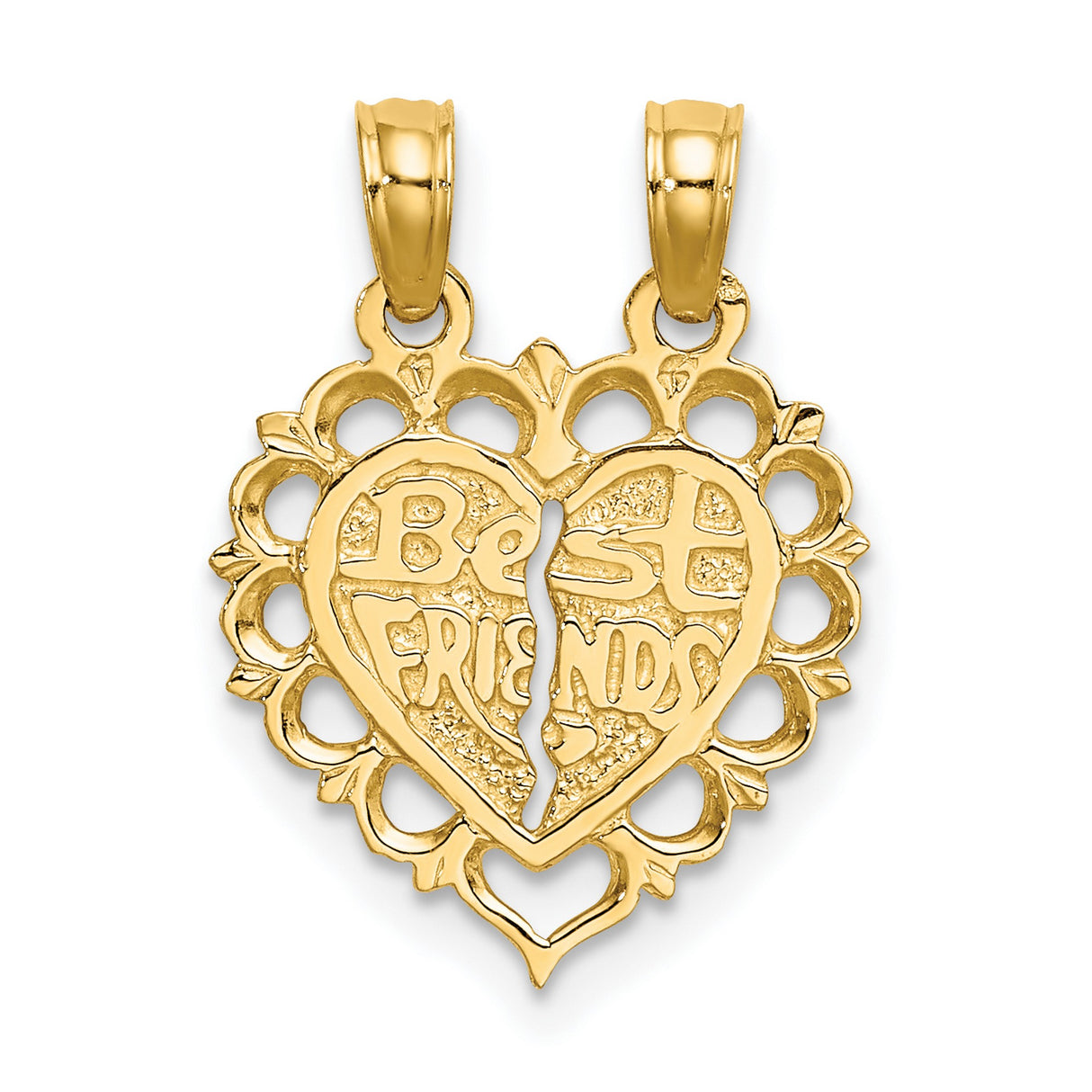 14k Yellow Gold Split Heart Pendant Set, Lace Edge Friendship Charm Duo for Women