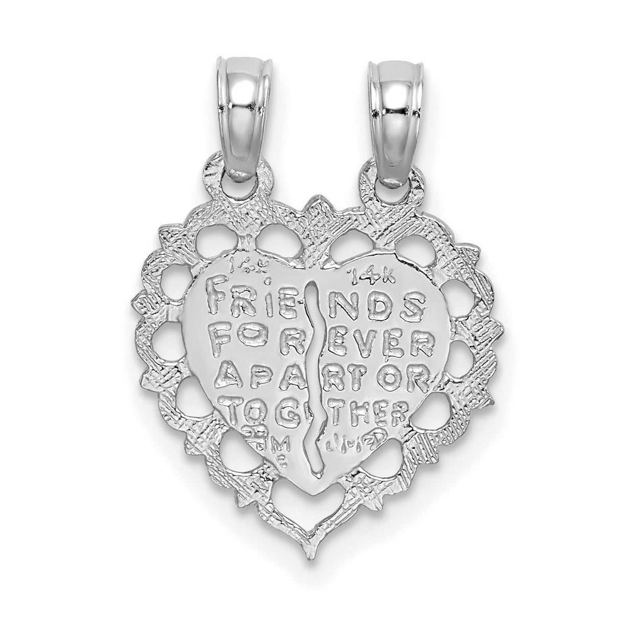 14k White Gold Split Heart Pendant with Floral Border, Friendship Charm for Women or Girls