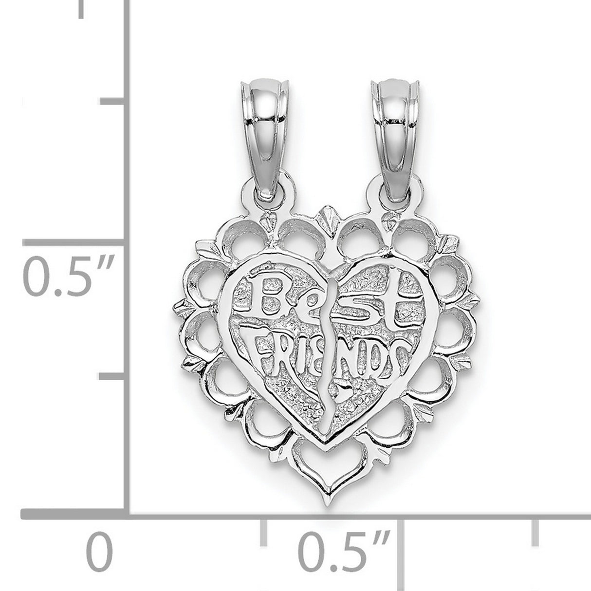 14k White Gold Split Heart Pendant with Floral Border, Friendship Charm for Women or Girls