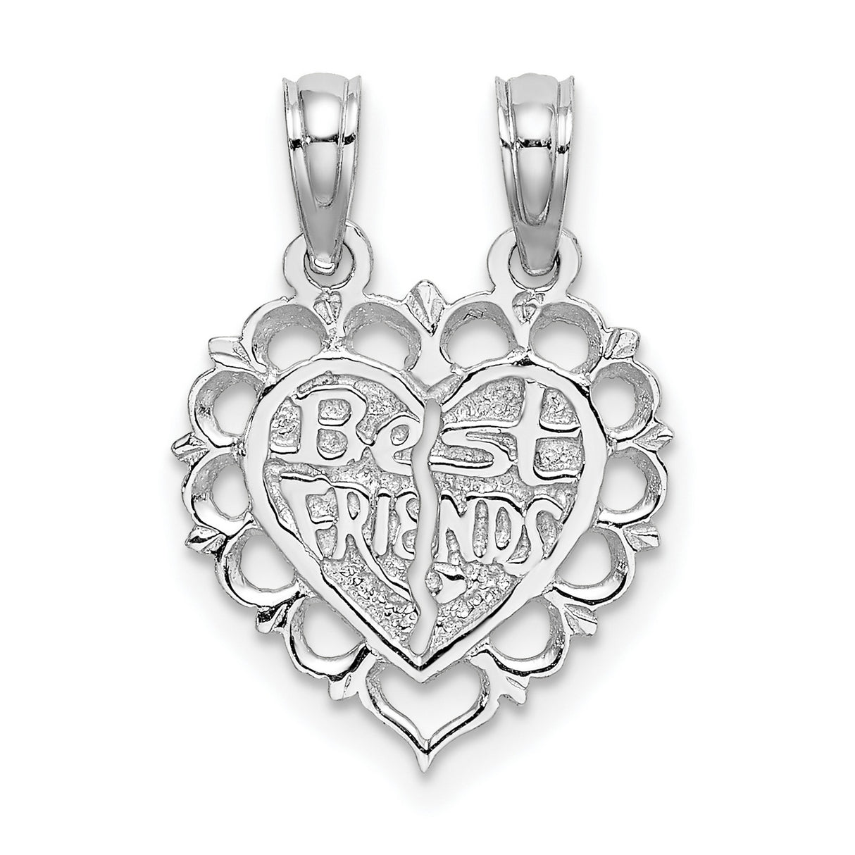 14k White Gold Split Heart Pendant with Floral Border, Friendship Charm for Women or Girls