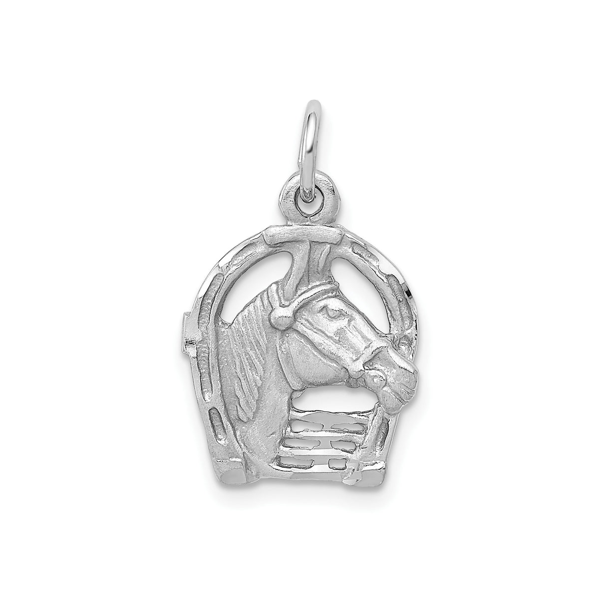 14k White Gold Horse Head Pendant in Horseshoe Frame, Equestrian Western Jewelry