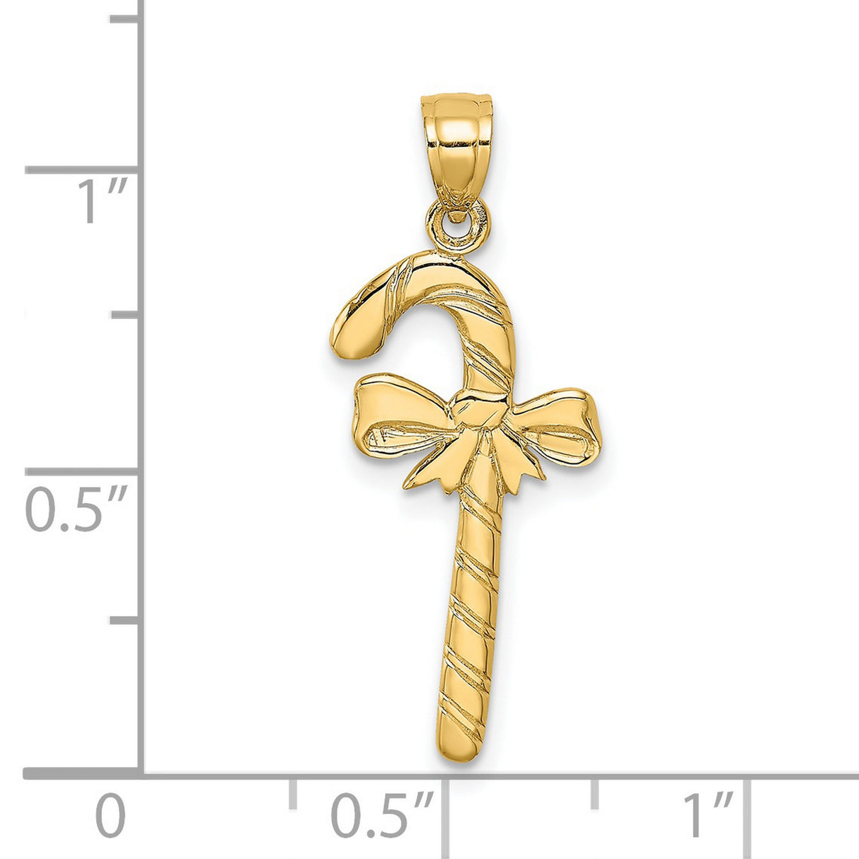 14k Yellow Gold Candy Cane Pendant with Bow Design, Polished Holiday Charm
