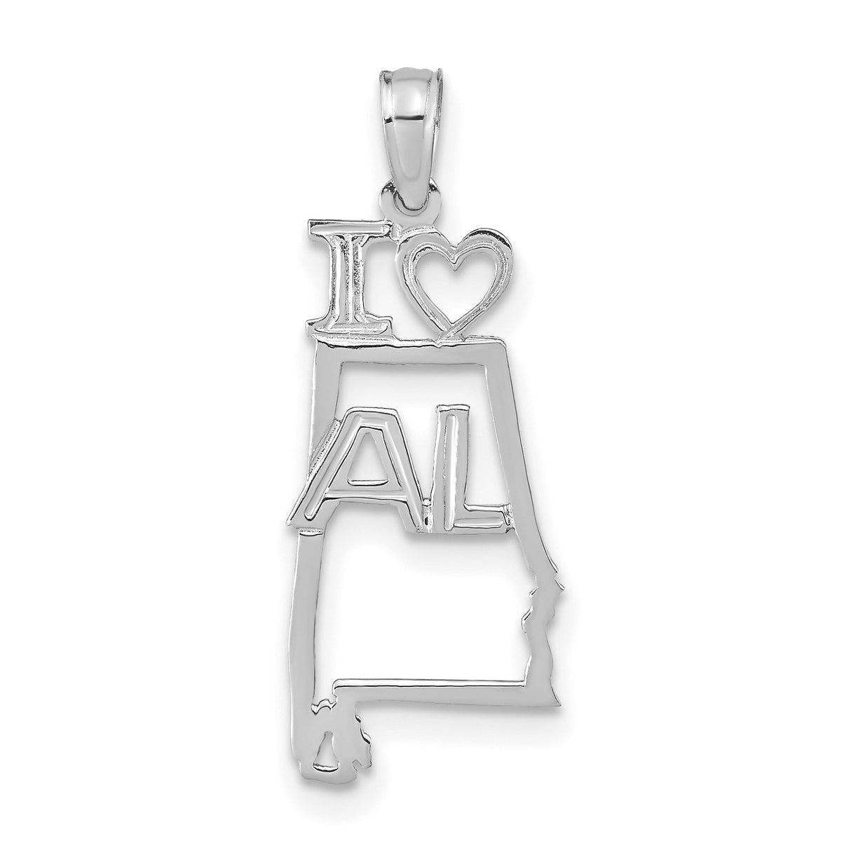 14k White Gold Alabama State Outline Pendant with I Heart AL Design, Dainty Southern Charm
