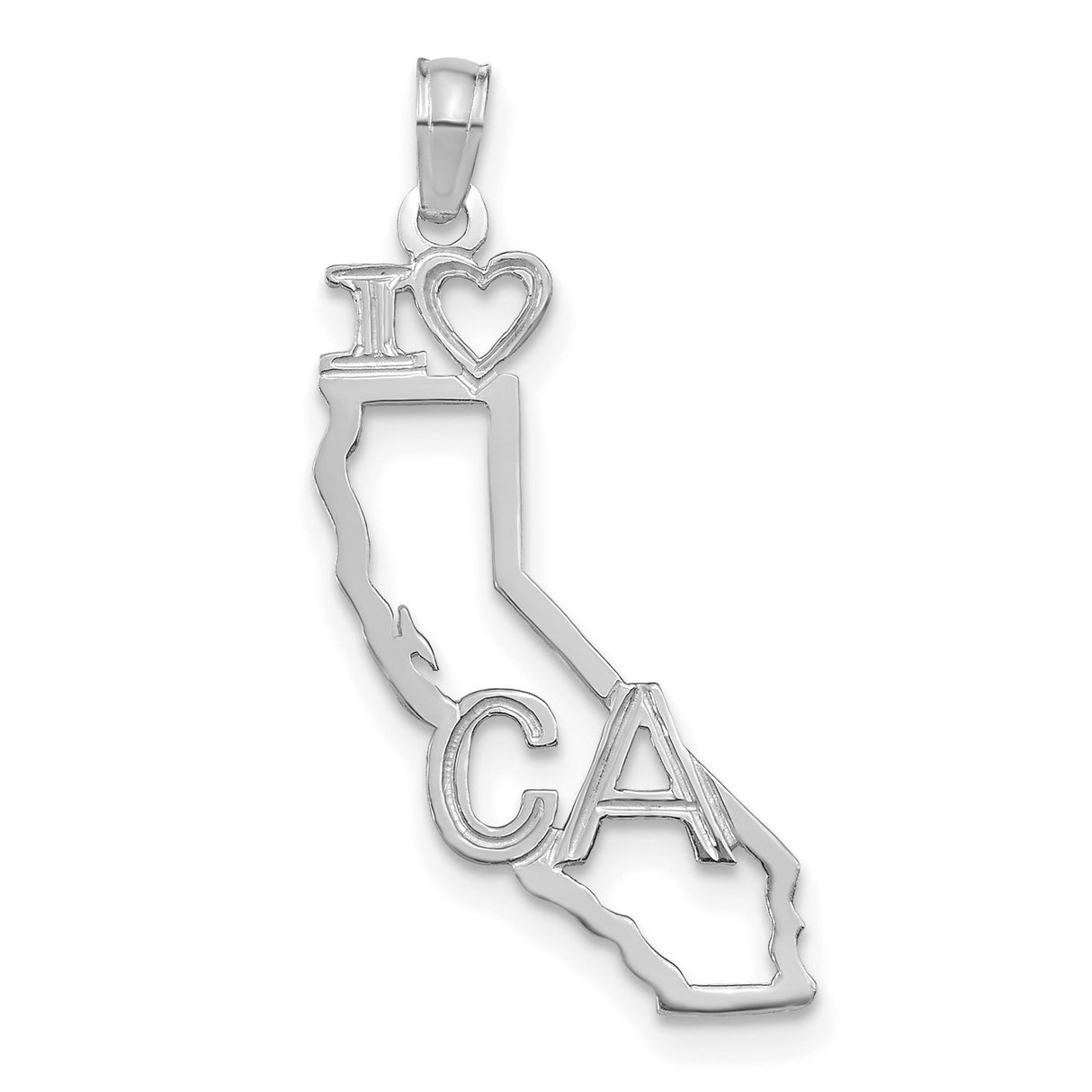 14k White Gold California State Outline Pendant with I Love CA Text, Unisex Charm