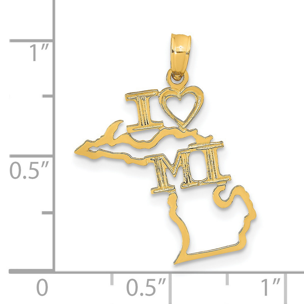 14k Yellow Gold Michigan State Pendant with I Love MI Heart Design, Unisex Regional Charm