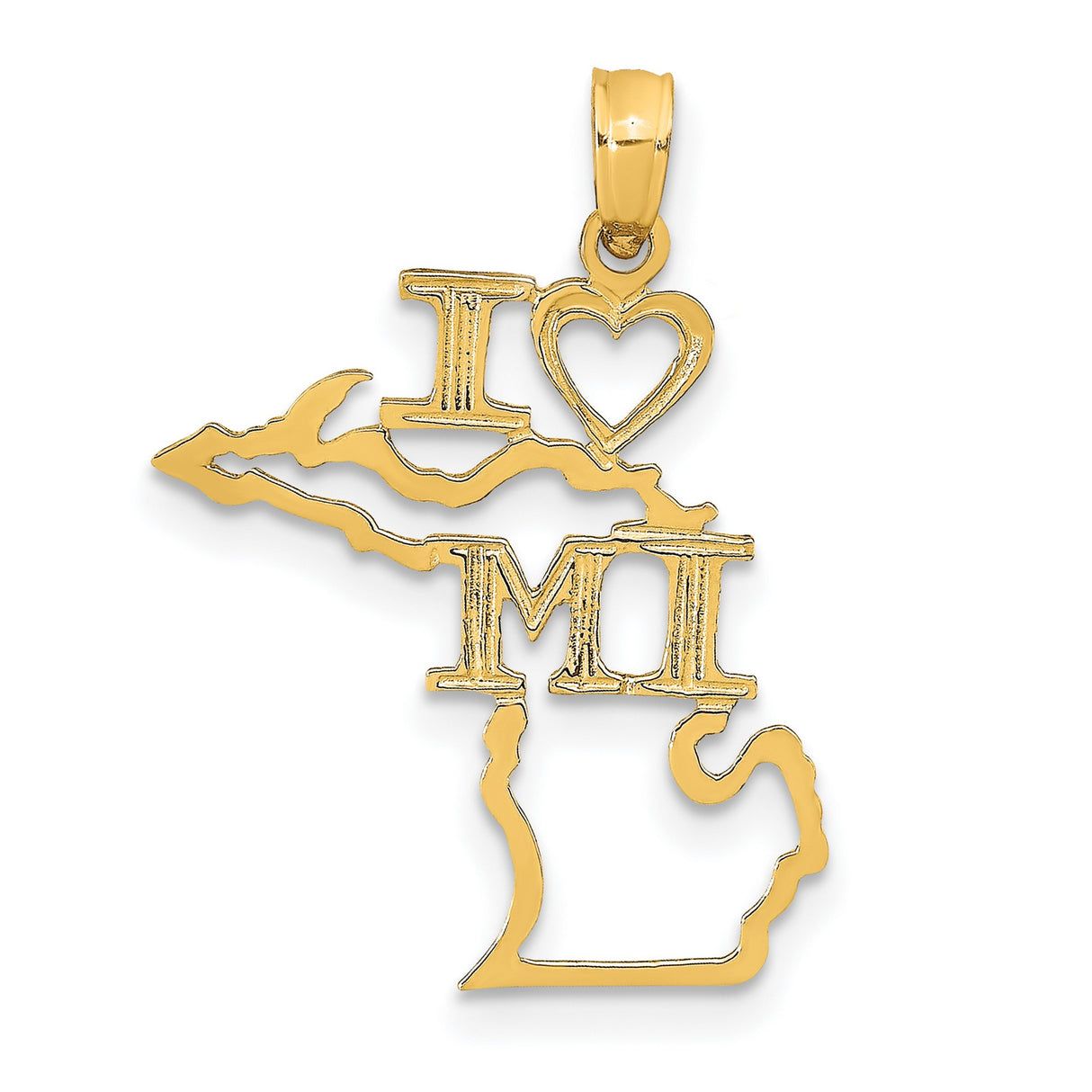 14k Yellow Gold Michigan State Pendant with I Love MI Heart Design, Unisex Regional Charm