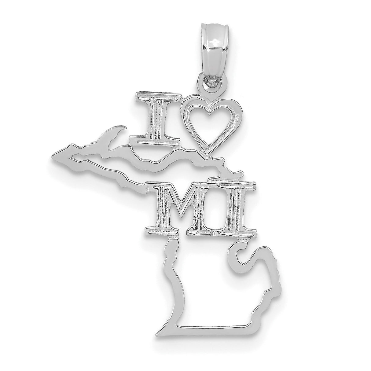 14k White Gold Michigan State Pendant with I Heart MI Engraving and Peninsula Outline