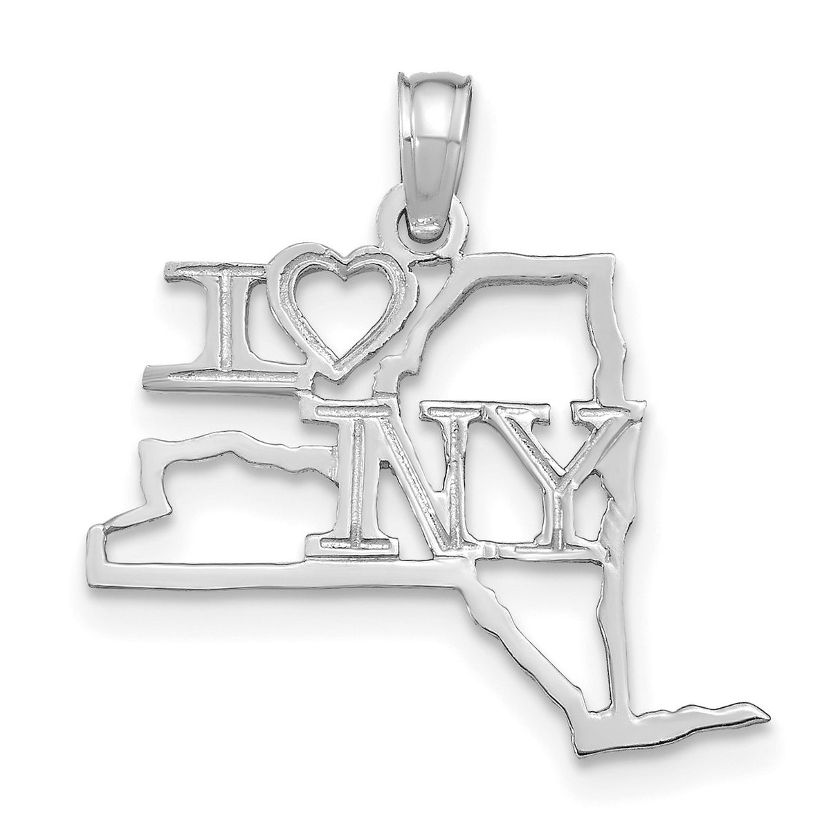 14k White Gold New York State Map Pendant with Heart, I Love NY Design, Unisex Charm