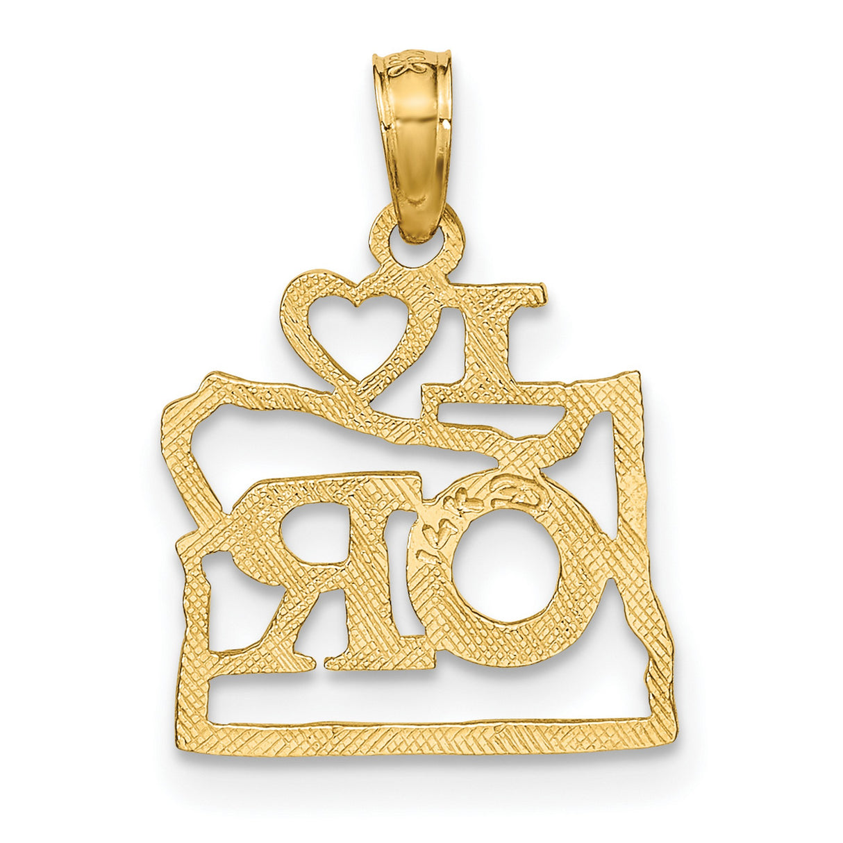 14k Yellow Gold Oregon State Outline Pendant with I Love OR Text, Travel Jewelry Charm
