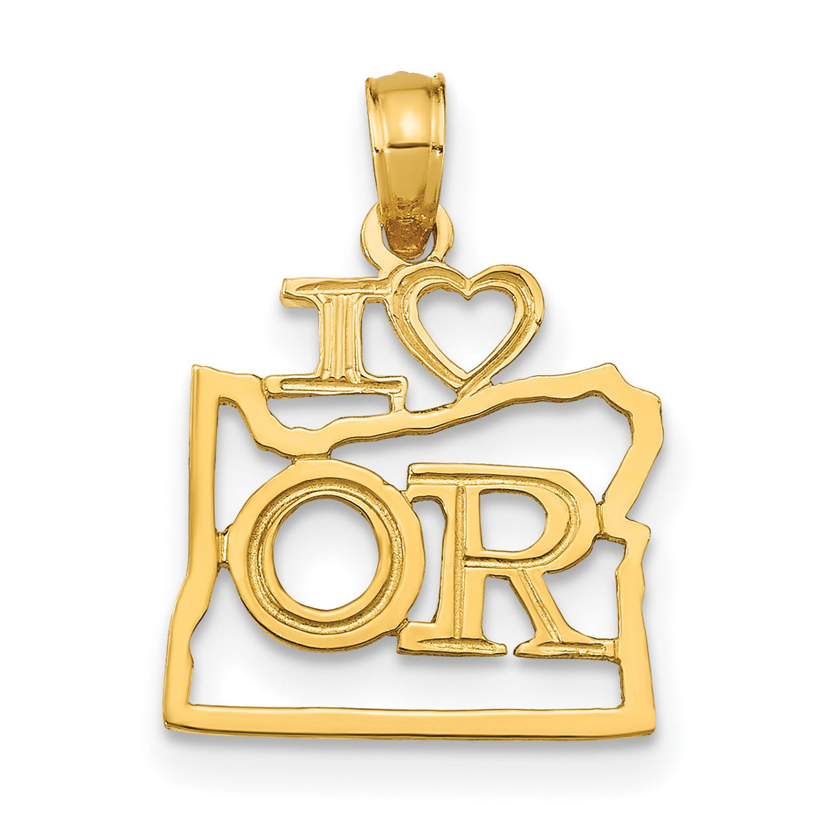 14k Yellow Gold Oregon State Outline Pendant with I Love OR Text, Travel Jewelry Charm