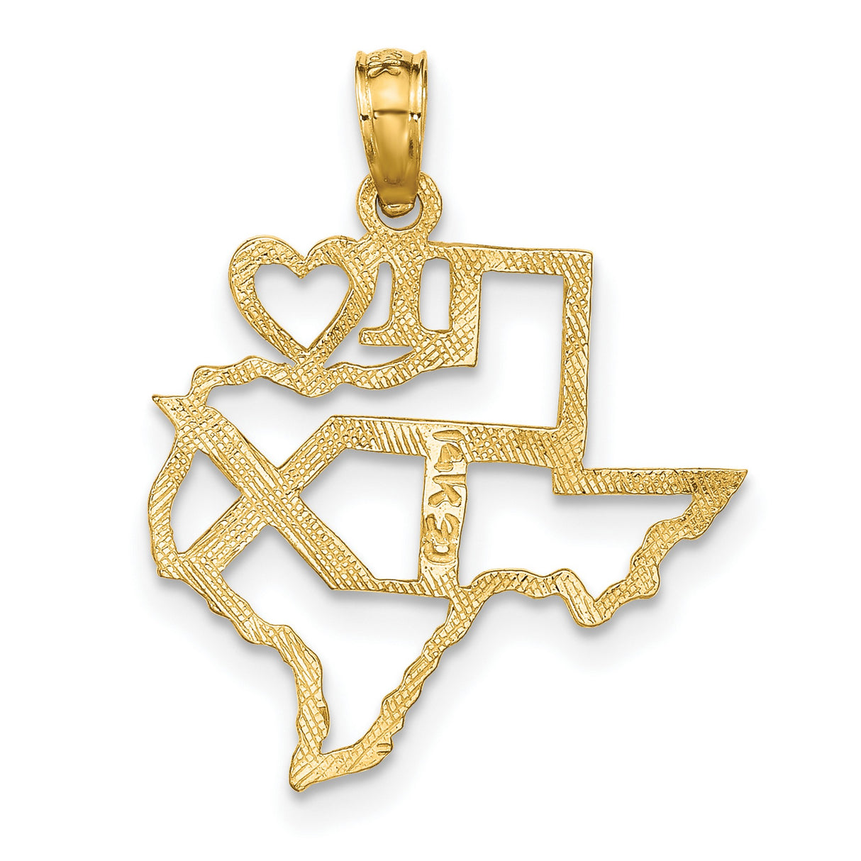 14k Yellow Gold Texas Pendant with Openwork I Heart TX Map Outline Design