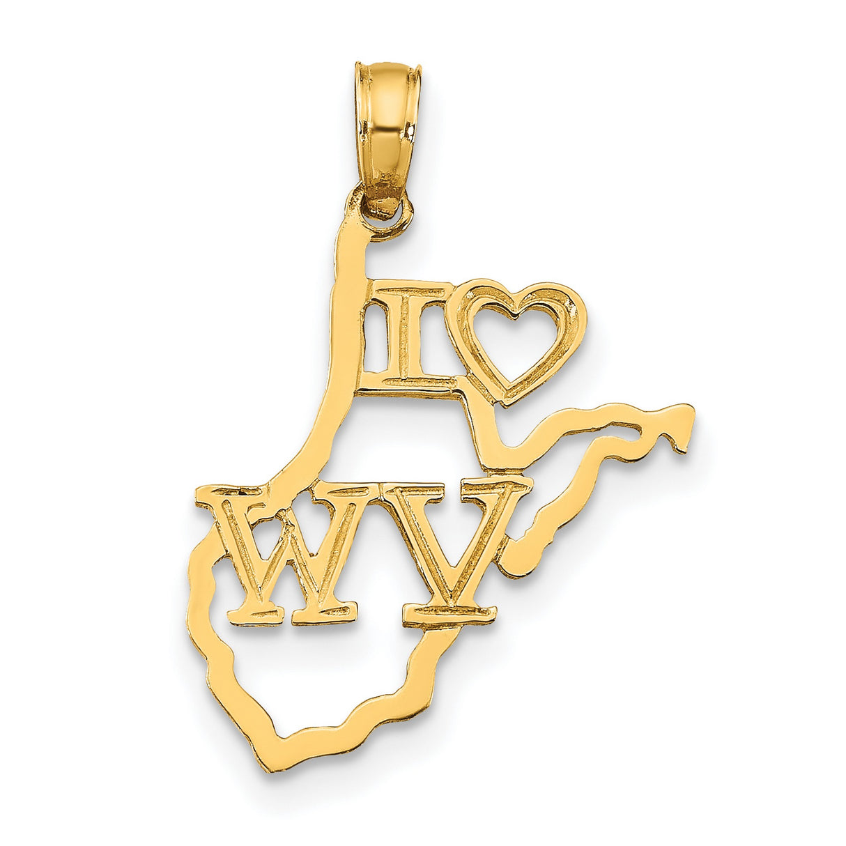 14k Yellow Gold West Virginia Pendant with I Love WV Letters and State Outline Charm