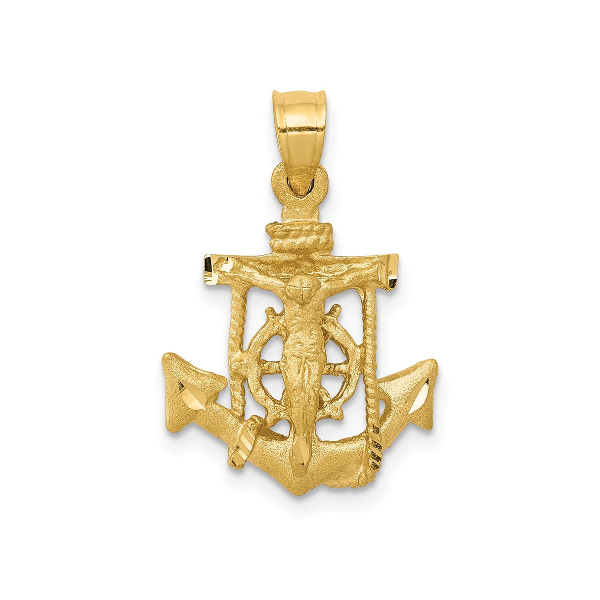 14k Yellow Gold Anchor Crucifix Pendant with Rope Detail and Matte Mariner Cross