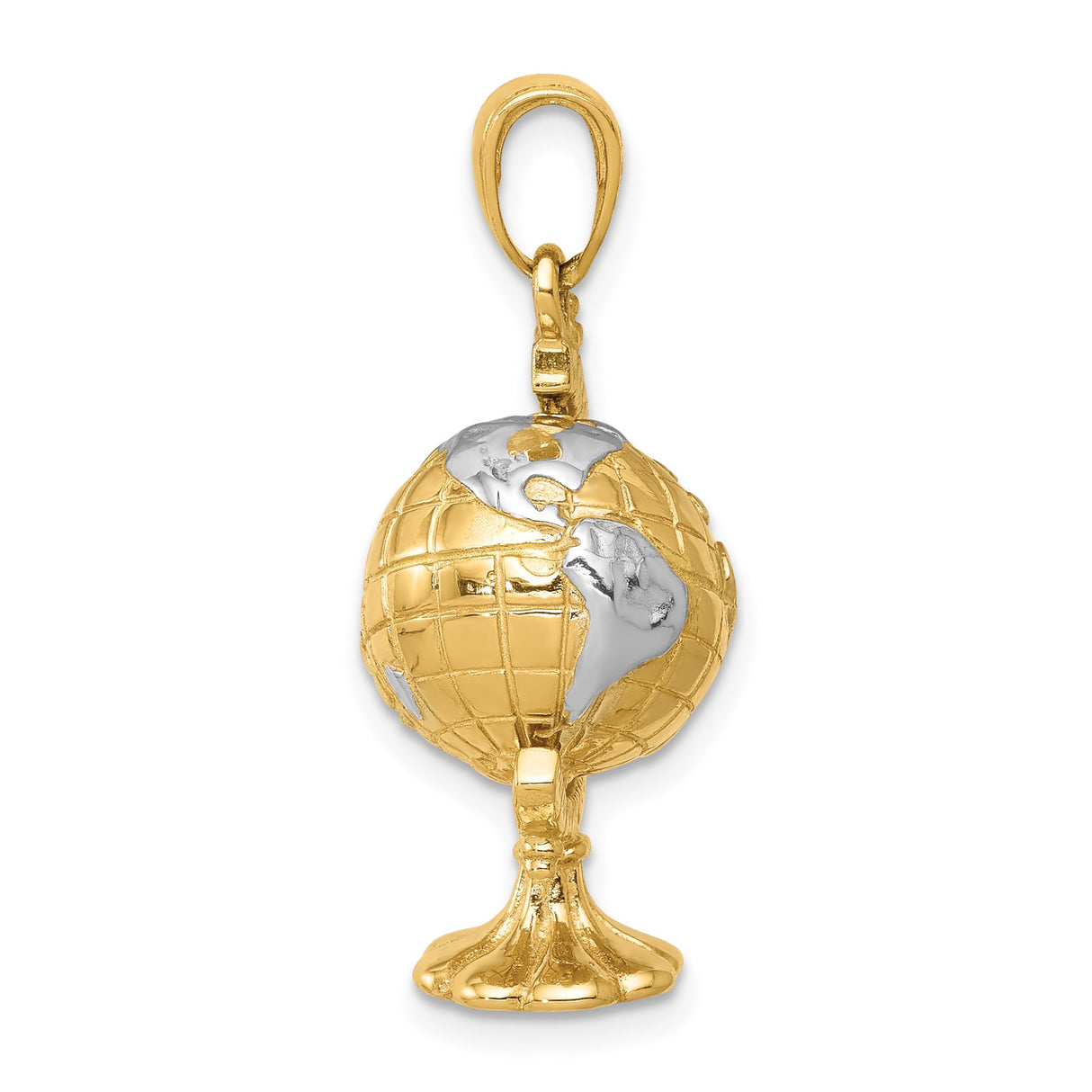 14k Yellow Gold and Rhodium Globe Pendant with Movable Earth Design and World Map Theme