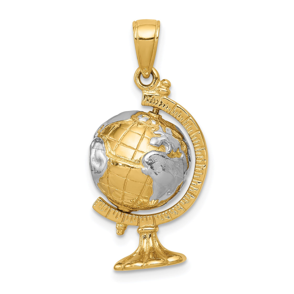 14k Yellow Gold and Rhodium Globe Pendant with Movable Earth Design and World Map Theme