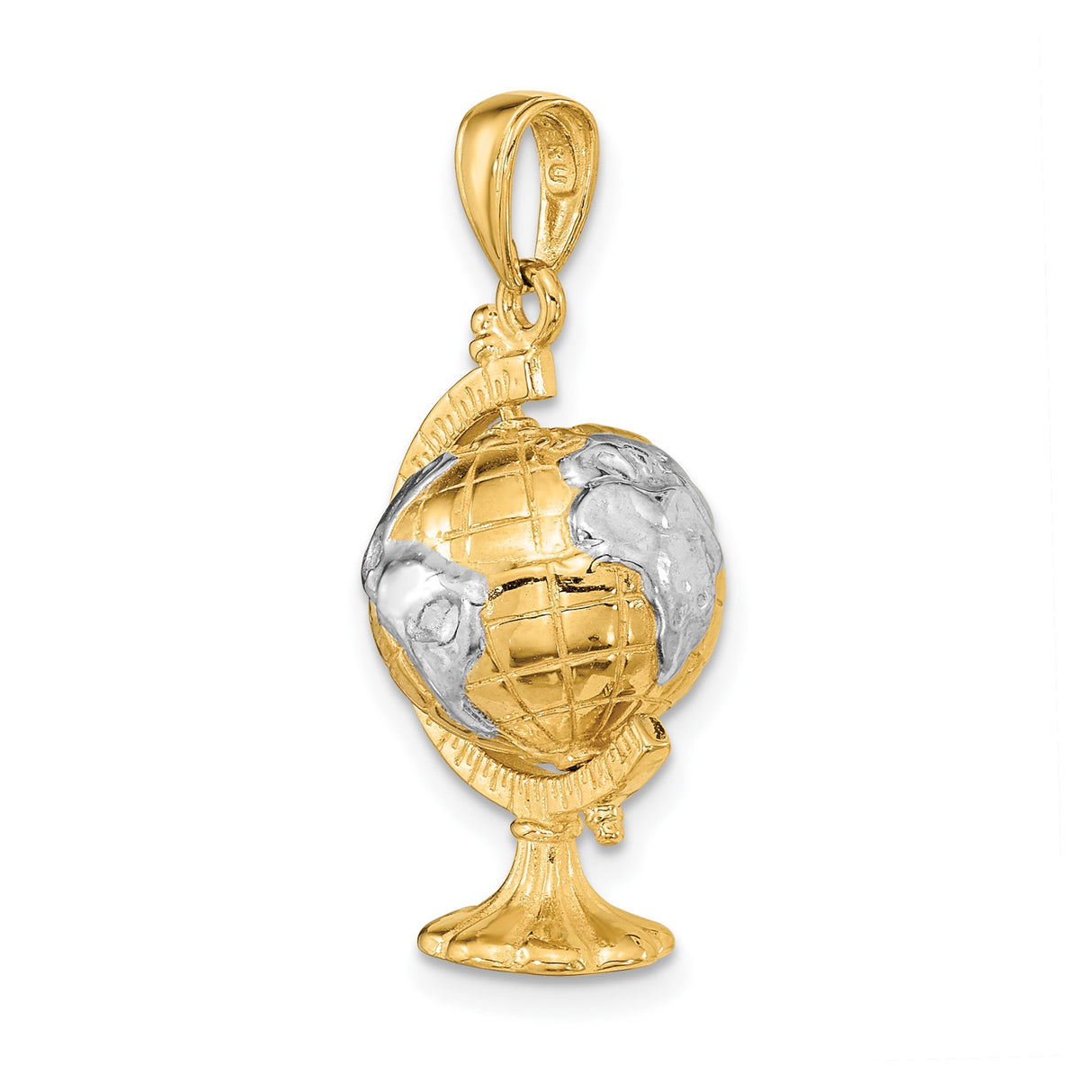14k Yellow Gold and Rhodium Globe Pendant with Movable Earth Design and World Map Theme