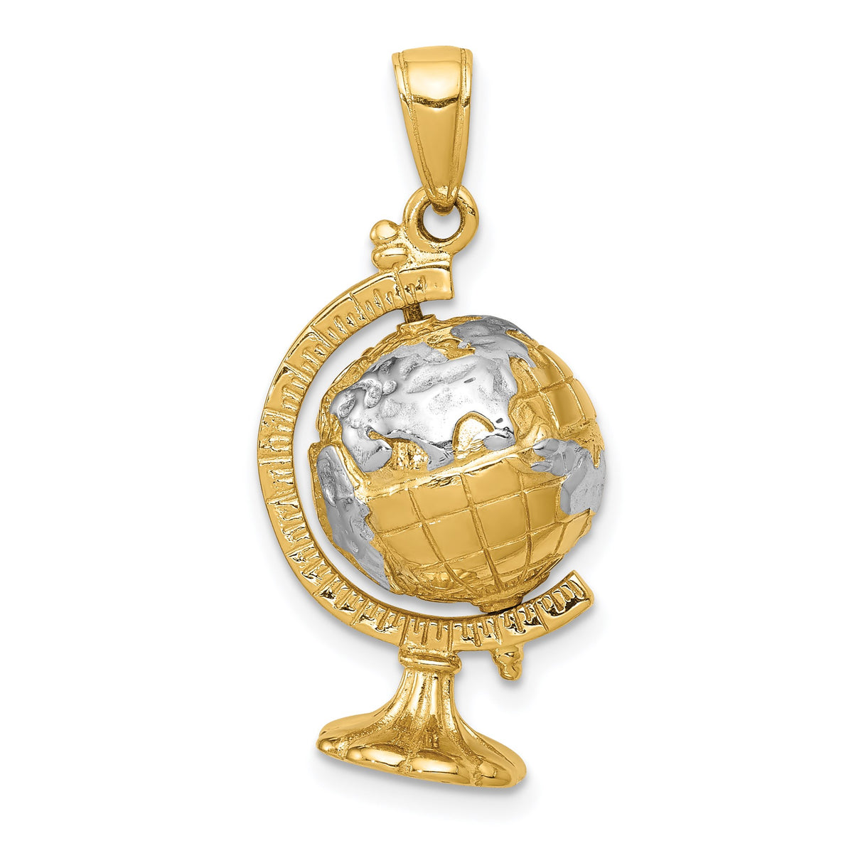14k Yellow Gold and Rhodium Globe Pendant with Movable Earth Design and World Map Theme