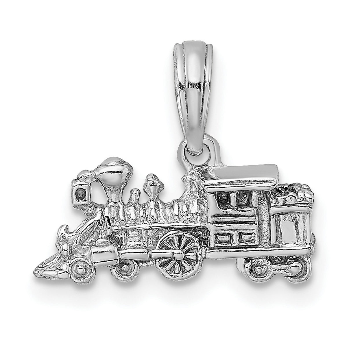 14k White Gold Steam Train Pendant with Detailed Locomotive Design, Vintage Travel Jewelry for Men and Women