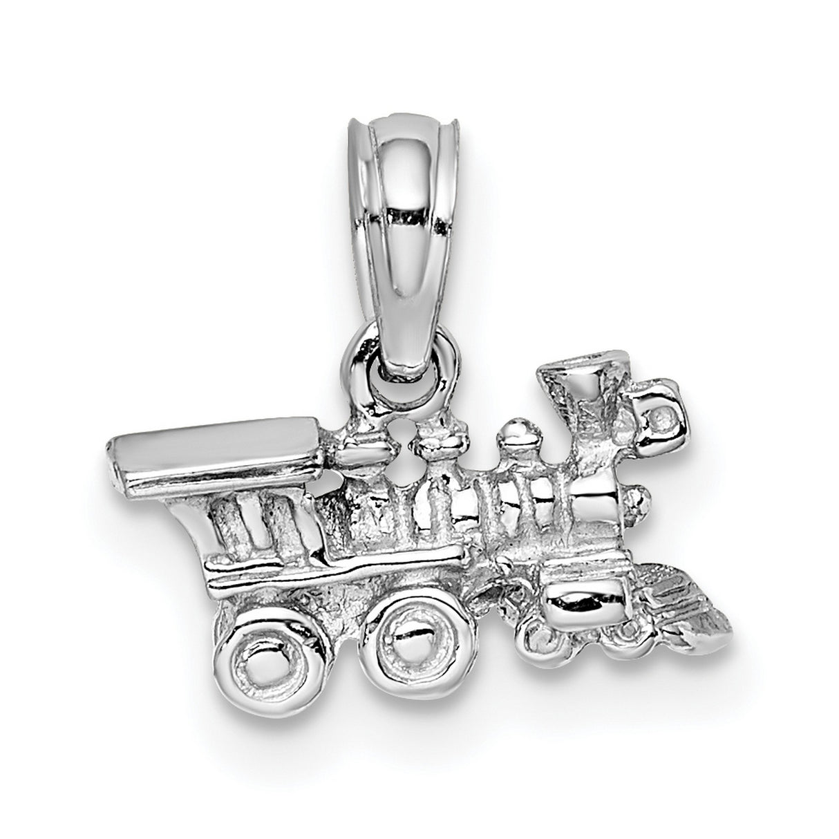 14k White Gold Train Pendant Charm with Detailed Steam Locomotive Design